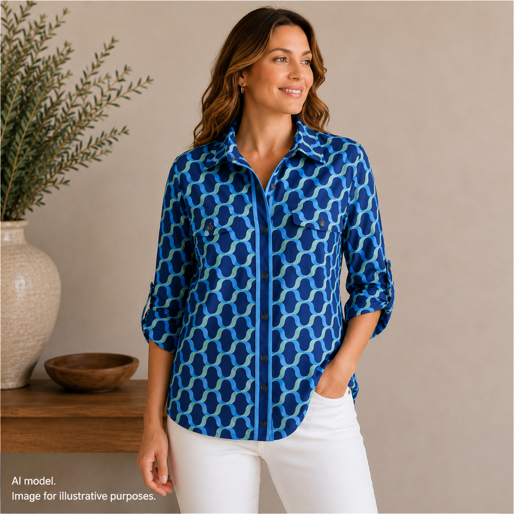J McLaughlin Shirt Womens Small Blue Green Geometric Print Button Front Top